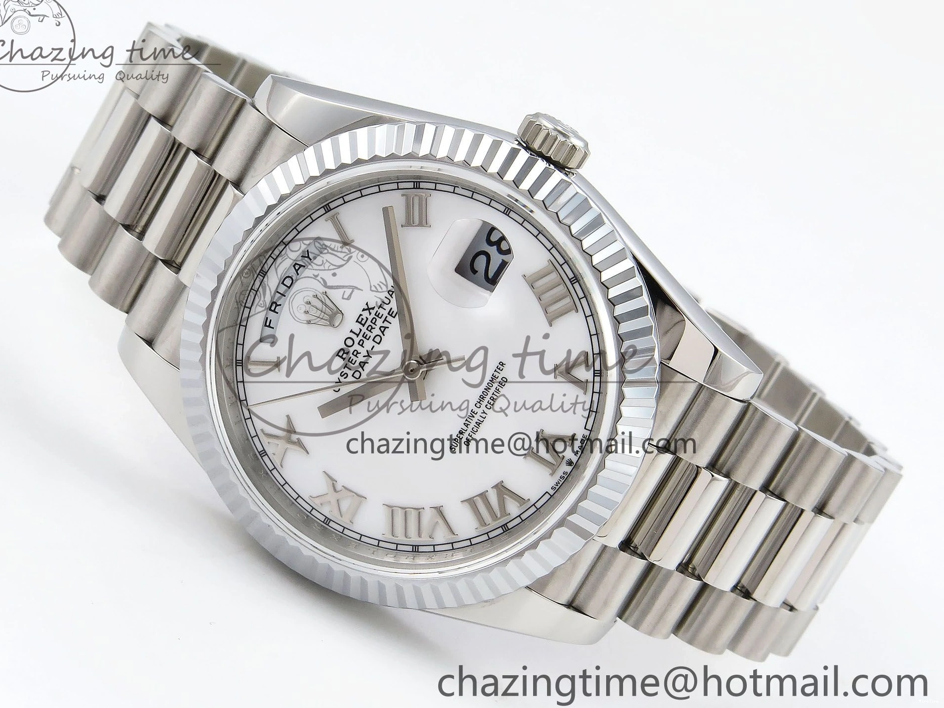 MiroTime 0108 DayDate 40 SS JDF 904L Steel White Roman Dial on President Bracelet VR3255 V3 (Gain Weight) Resilient 1424